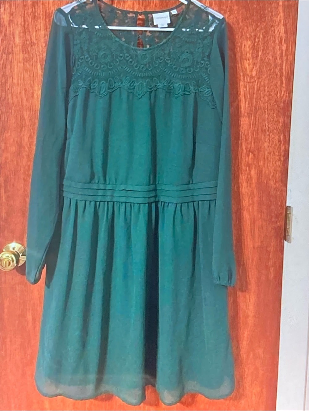 Junarose Teal Green Lace Yoke Long Sleeve Mini Dress
